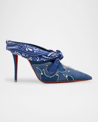 100mm Mulatiag Denim and Suede Bandana Mule Pumps