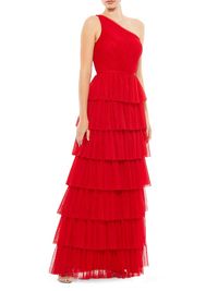 Women's Ieena Asymmetric Tulle Tiered Gown - Red - Size 16