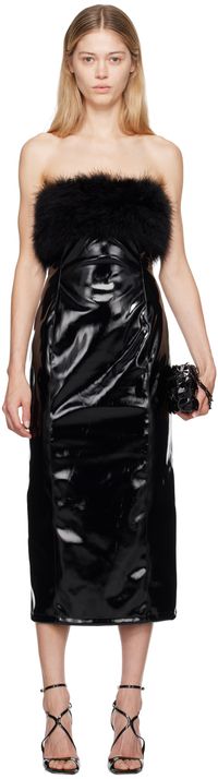 Blumarine Black Marabou Feather Faux-Leather Midi Dress