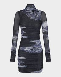 Mila Long-Sleeve Mock-Neck Mesh Mini Dress