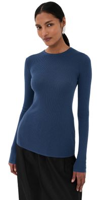 Tibi Feather Weight Ribbed Crewneck Pullover Sweater Seal Blue M