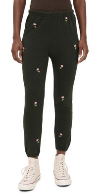 THE GREAT. The Stadium Embroidered Roses Sweatpants Woodland Green 0