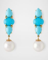 18K Yellow Gold Oval and Pear-Cut Turquoise with 8.5mm Akoya Pearl Drop Earrings