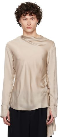 AARON ESH Taupe Draped Neck Long Sleeve Silk Blouse