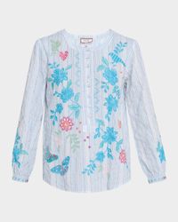 Field Striped Floral-Embroidered Henley Blouse