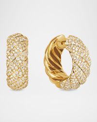Sculpted Cable Hoop Earrings with Diamonds in 18K Gold, 9mm, 1"L