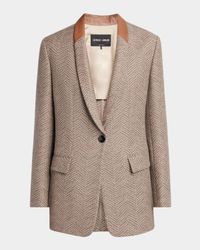Chevron Wool Single-Breasted Blazer with Leather Trim