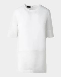 Mixed-Media Linen Striped Organza Short-Sleeve Blouse