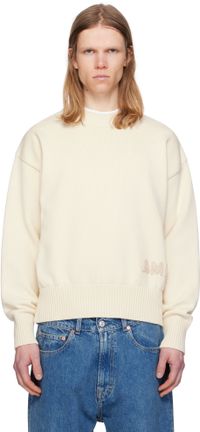 AMI Paris Off-White Cotton 'Ami' Embroidered Crewneck Sweater