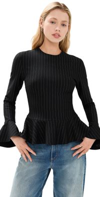 GANNI Compact Stripe Jersey Peplum Blouse Black 38