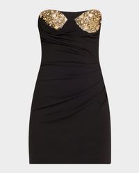 Crystal Button Cluster Embroidered Draped Mini Dress