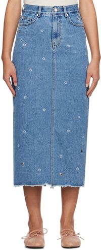 Kijun Jupe longue bleue en denim à motif fleuri