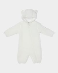 Boy's Teddy Ear Hood Zip-Front Romper, Size 1M-3