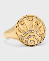 14K Yellow Gold Small Pave Diamond Luck Coin with Rays Ring