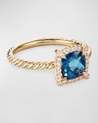 Petite Chatelaine Pave Bezel Ring in 18K Gold with Blue Topaz