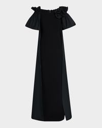 Off-Shoulder Taffeta & Crepe Cape Gown
