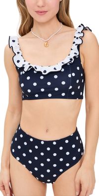 Sea Paulina Polka Dot Ruffle Bikini Top Navy M