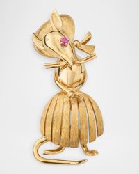 Estate 14K Yellow Gold Ruby Cute Mother Mouse Florentine Pin