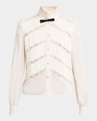 Lace-Inset Pintuck Cotton Blouse