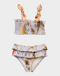 Rhiannon Leaf-Print Smocked Bikini, Size 1-12