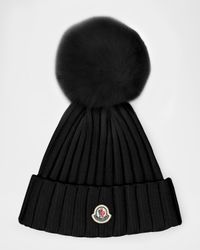 Ribbed Logo Beanie with Faux Fur Pom