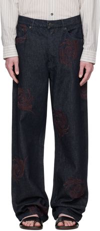 Dries Van Noten Navy Embroidered Pattern Jeans