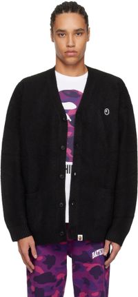 BAPE Cardigan noir en tricot brossé à écusson à logo