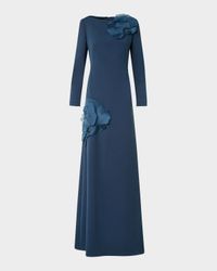 Organza Anemone Corsage Long-Sleeve Crepe Gown