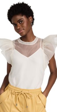 SIMKHAI Corina Organza Ruffle Sleeve Crew Neck Top Ivory S