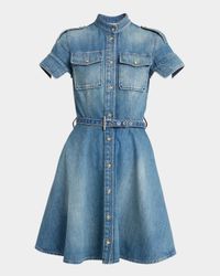 Short-Sleeve Belted Denim Mini Shirtdress