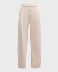 Pleated Straight-Leg Ankle Cotton Pants With Monili Belt Loop