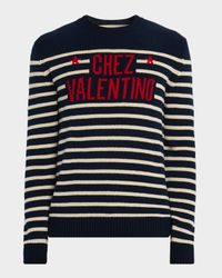 Men's Chez Valentino Wool Stripe Logo-Jacquard Crewneck Sweater