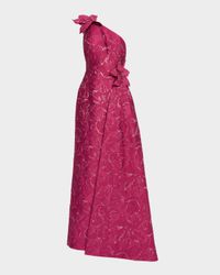 Draped One-Shoulder Floral Jacquard Gown