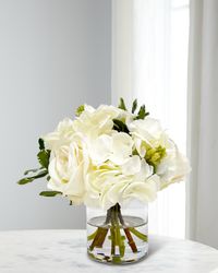 Hydrangeas & Roses 9" Faux Floral Arrangement in Glass Vase