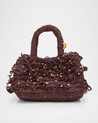 Fanny Woven Top-Handle Bag with Beaded Fringe