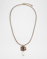 DG Logo and Pearly Drop Pendant Necklace