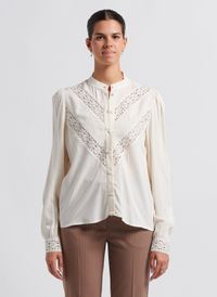 Vila - Blouse col rond à broderies ajourées - Taille 38 - Beige