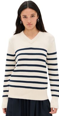 Jenni Kayne Cotton Kate V Neck Pullover Ivory/Navy Stripe S