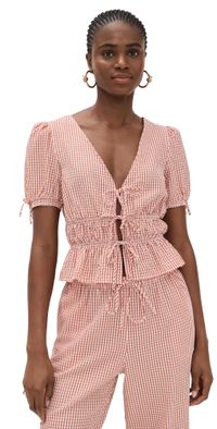 WAYF Nina Tie Front Top Clay Seersucker XS