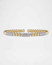14K White and Yellow Gold Diamond Pave Three Station Bar Bujukan Beads Split Bangle Bracelet