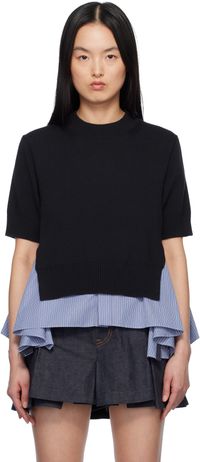sacai Pull bleu marine et bleu en tricot et en popeline de coton