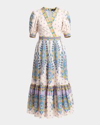 Paisley-Print Puff-Sleeve Midi Dress