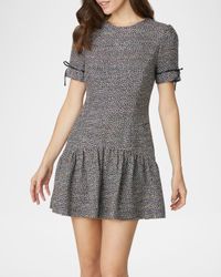 Ivey Leather-Trim Flounce Tweed Mini Dress