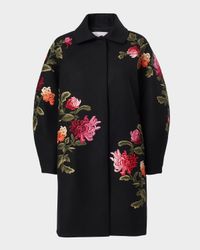Floral-Embroidered Wool Cocoon Coat