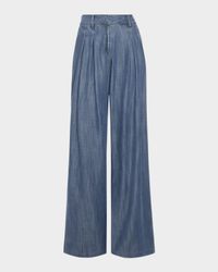 Chambray Pleated Chambray Wide-Leg Trousers