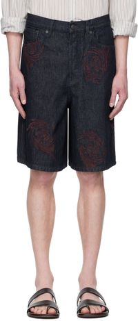 Dries Van Noten Navy Embroidered Pattern Denim Shorts