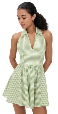 CAROLINE CONSTAS Aya Open Back Collared Mini Dress Spinach Gingham XL