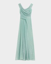 Draped Off-The-Shoulder Metallic Plisse Gown
