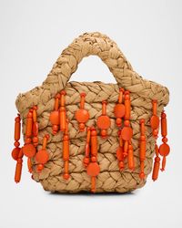 Shelly Mini Beaded Raffia Top-Handle Bag