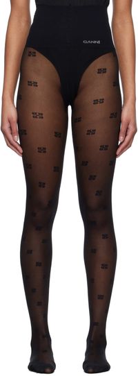 GANNI Collant noir en dentelle à motif à logo papillon